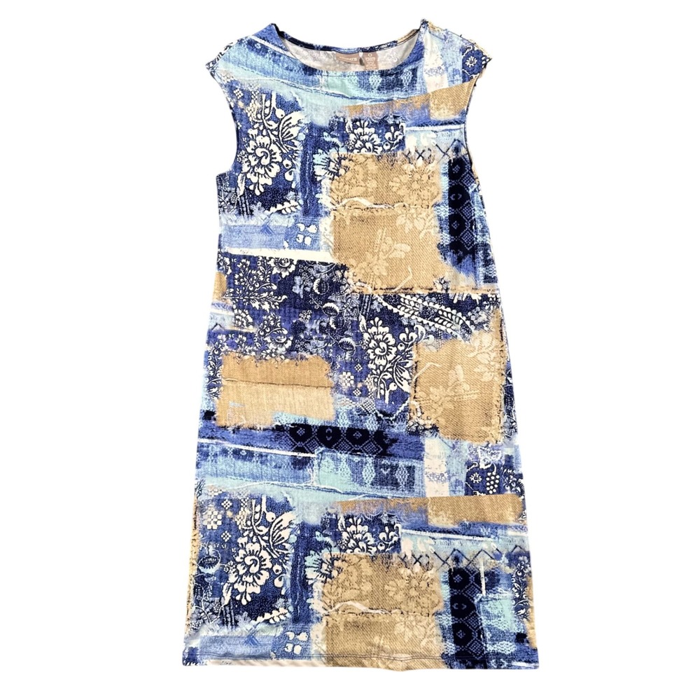 Chico's Shift Dress Women Size 0 Blue Tan Abstract Floral Patchwork Sleeveless
